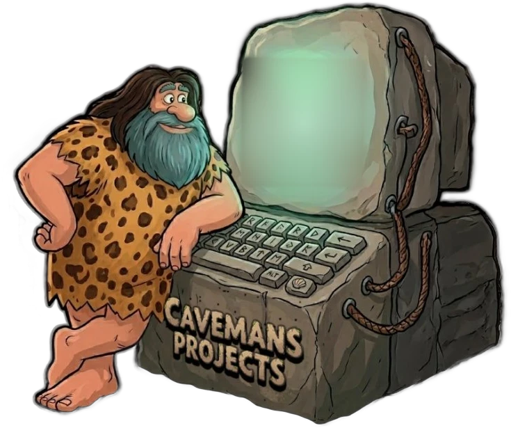 El cavernícola de Caveman's Projects apoyado en un ordenador de piedra
